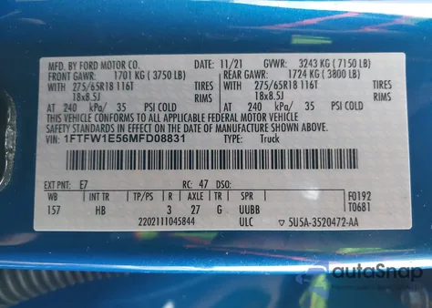 2021 Ford F-150 Lariat from USA, damaged, VIN 1FTFW1E56MFD08831